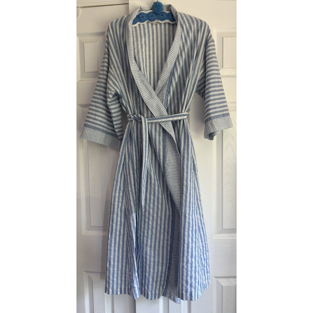 VTG Womens Tom Bezduda Barad Robe Blue White Stripe Contrast Trim S Cottagecore